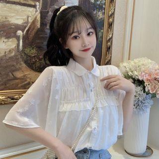 Elbow-sleeve Shirred Chiffon Shirt White - One Size