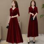 Elbow-sleeve Maxi Velvet A-line Dress