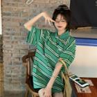 Short-sleeve Striped Polo Shirt Green - One Size