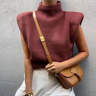 Sleeveless Shoulder Padded Mock-neck Knit Top