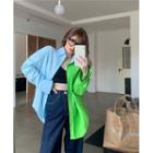 Color Block Long-sleeve Shirt Bluish Green - One Size