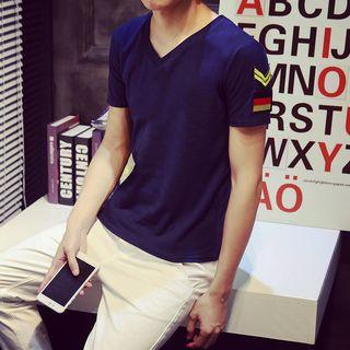 Applique V-neck Short-sleeve T-shirt
