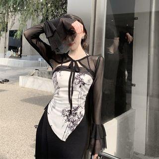 Flared-sleeve Mesh Crop Top / Leaf Print Asymmetrical Camisole Top