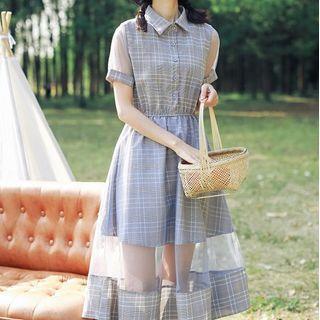 Short-sleeve Plaid Mesh Panel Midi A-line Dress