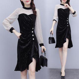 Dotted Mesh Panel Shirred Midi A-line Dress