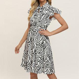 Cap-sleeve Tie-neck Zebra Print A-line Dress