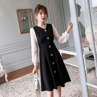 Long-sleeve Chiffon Paneled Buttoned A-line Dress