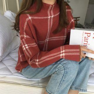 Mock-neck Plaid Knit Top