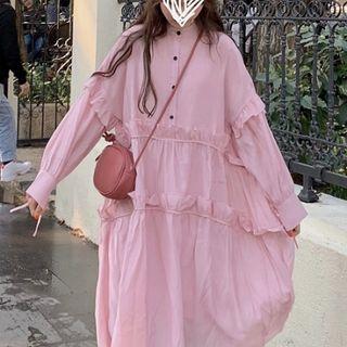Plain Ruffled-trim Long-sleeve Dress