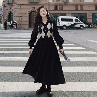 Mock Two-piece Argyle Panel Dress