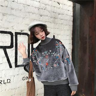 Floral Embroidered High Collar Sweatshirt