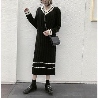 Color-block V-neck Striped Long-sleeve Dress