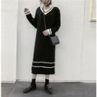Color-block V-neck Striped Long-sleeve Dress