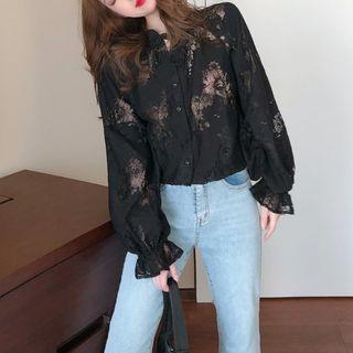 Lace Lantern-sleeve Blouse Black - One Size
