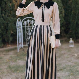 Set: Long-sleeve Blouse + Striped Midi A-line Skirt