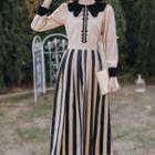 Set: Long-sleeve Blouse + Striped Midi A-line Skirt