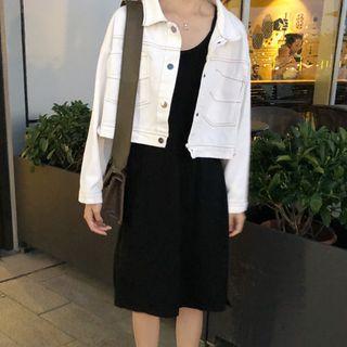 Buttoned Denim Jacket / Spaghetti Strap Midi Dress