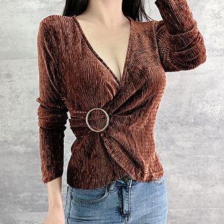 Long-sleeve Print V-neck Top Light Brown - One Size