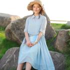 Set: Elbow-sleeve Collared A-line Dress + Slipdress