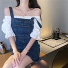 Puff-sleeve Off-shoulder Top / Mini A-line Denim Overall Dress