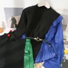 Patchwork Mock-neck Midi Skirt With Belt