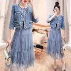 Set: Elbow-sleeve Cropped Denim Jacket + Tiered Mesh Midi A-line Skirt