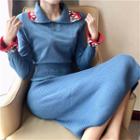 Color-block Long-sleeve Slim-fit Knit Dress As Figure - One Size