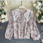 Lapel Lace Puff-sleeve Print Top