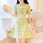 Puff-sleeve Plaid Frill Trim A-line Qipao Dress