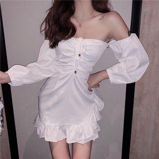 Long-sleeve Off-shoulder Ruffled Mini A-line Dress