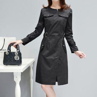 Long-sleeve Pocket-accent Slit-hem Dress