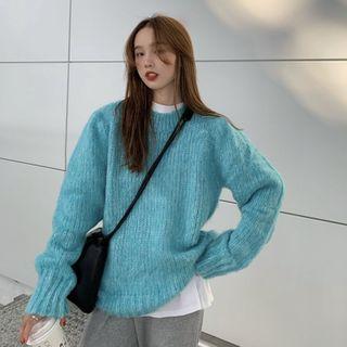 Round-neck Plain Knit Top Blue - One Size