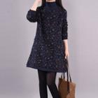 Long-sleeve Mock-neck Floral Print Mini A-line Dress