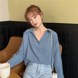 Long-sleeve Lace-up Back Plain Top