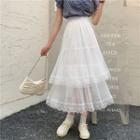 Layered Lace Trim Mesh Maxi A-line Skirt