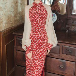 Puff-sleeve Floral Print Midi Qipao Dress