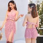 Set: Lace Trim Ruffled Bikini Top + Bottom + Lace Tie-waist Skirt