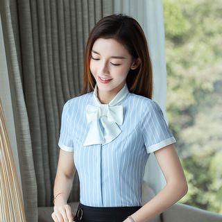 Striped Short-sleeve Shirt With Neck Scarf / High-waist Pencil Skirt / Cropped Dress Pants