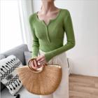 V-neck Buttoned Long-sleeve Knit Top