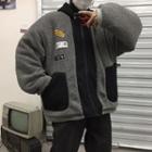 Faux Shearling Applique Zip Hooded Jacket