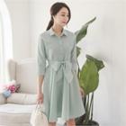 Elbow-sleeve A-line Shirtdress With Sash