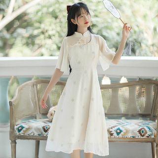 Mandarin Collar Panel Midi A-line Dress