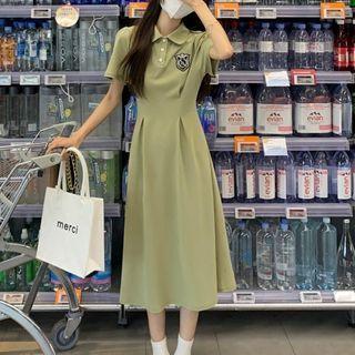 Short-sleeve Badge Embroidered Midi A-line Polo Dress