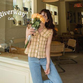 Frilled-collar Sleeveless Plaid Blouse Orange - One Size