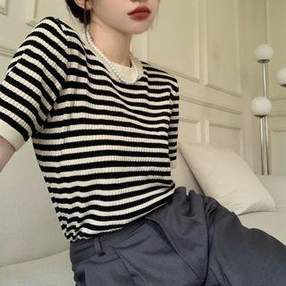 Short-sleeve Striped Knit Top Stripe - Almond & Black - One Size