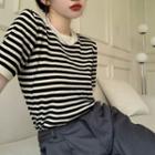Short-sleeve Striped Knit Top Stripe - Almond & Black - One Size