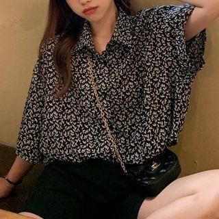 Elbow-sleeve Floral Shirt Black & White - One Size