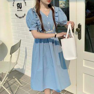 Puff-sleeve V-neck Midi A-line Dress Blue - One Size