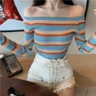 Long-sleeve Striped Off-shoulder Knit Top As Shown In Figure - One Size