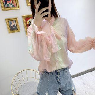 Sequined Tie-neck Mesh Blouse
